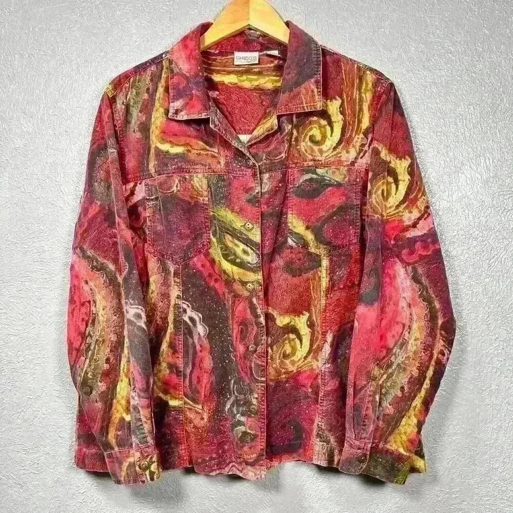 CHICO'S Red Swirl Galactic Button Up Top Corduroy Cotton Casual Collar Women XL